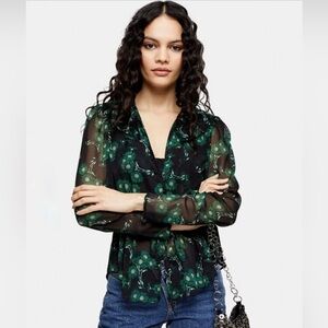 Topshop Black and Green Sheer Floral Blouse